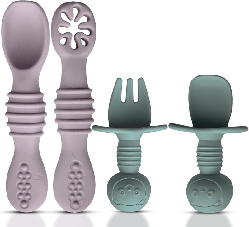 HippoBaby 4pc Silicone Baby Spoons Self Feeding Baby Utensils 6-12 Months - 3 Baby Spoon - 1 Baby Fork - Toddler Cutlery Set - BPA Free, Dishwasher Safe, Baby Eating Essentials (Light pink/Army Green) - Image 1